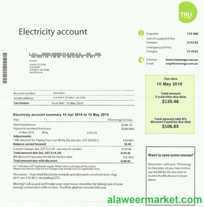 Australia Tru electricity utility bill template, fully editable in PSD format